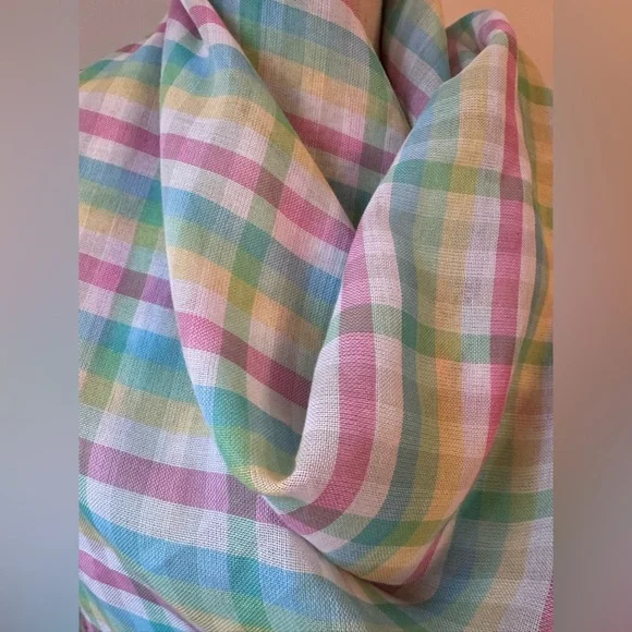 100% Cotton Easter Spring Pastel Plaid Fringed Scarf 32”x32” - Picture 2 of 3